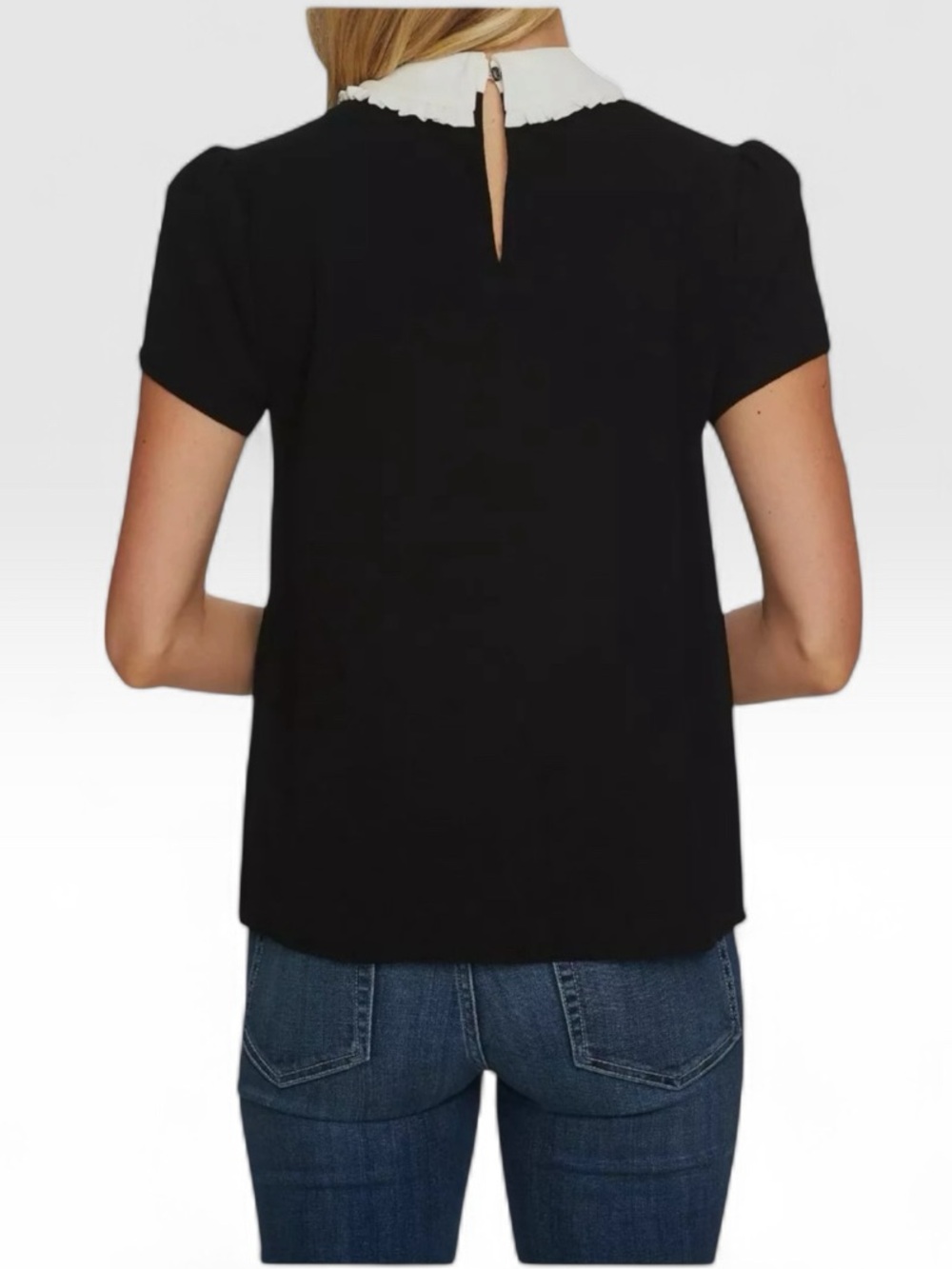 CeCe Ruffle Collar Short Sleeve Blouse, Black/White, Medium, NWT - Picture 2 of 6